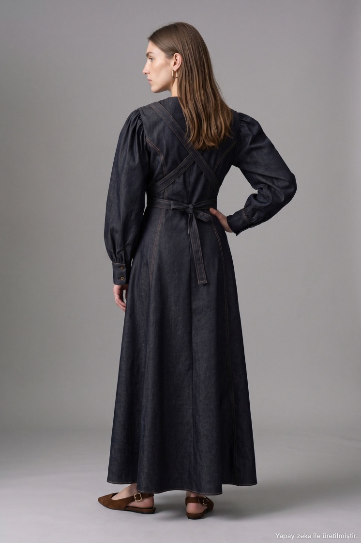 Vera Bağlama İp Detaylı Denim Lacivert Elbise - 6
