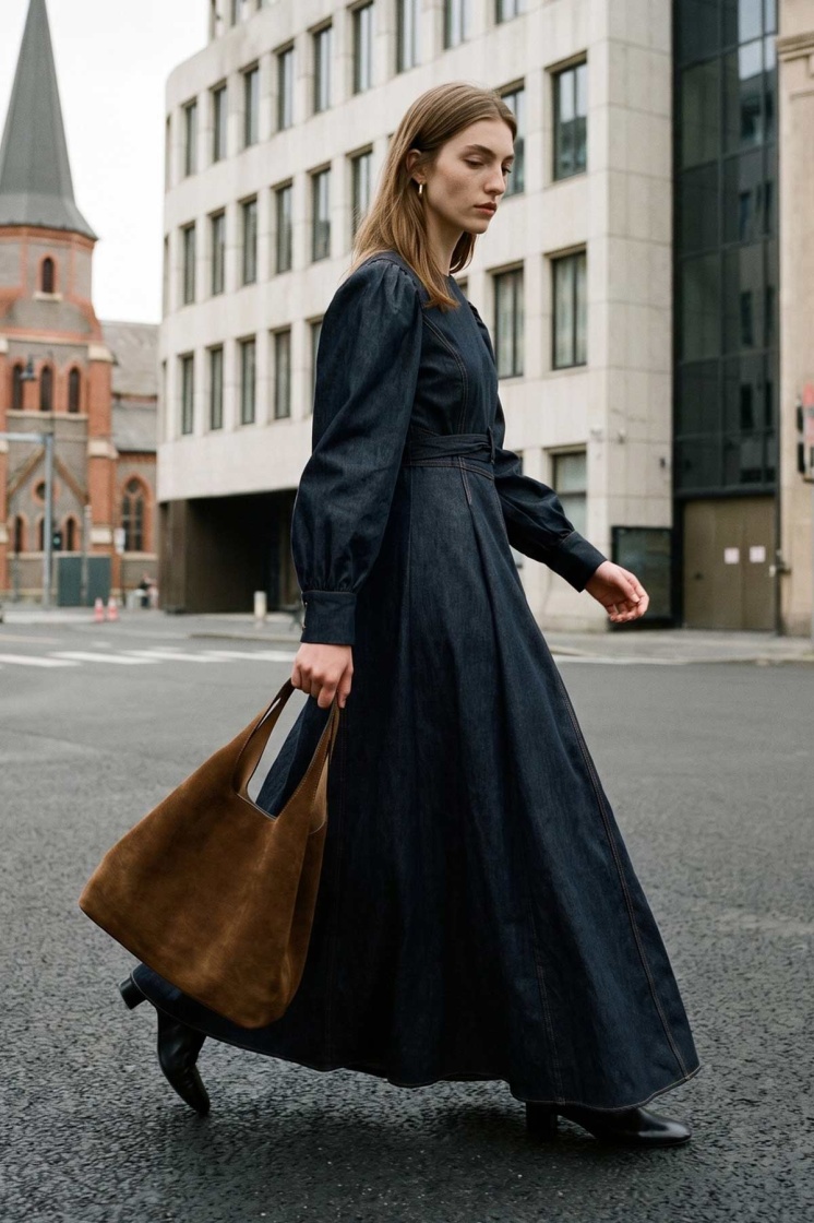 Vera Bağlama İp Detaylı Denim Lacivert Elbise - 1