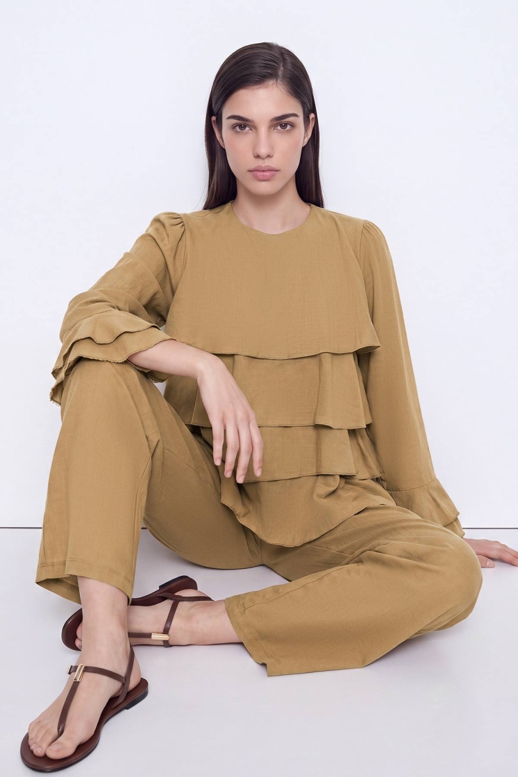 Volanlı Camel Bluz Pantolon Takım