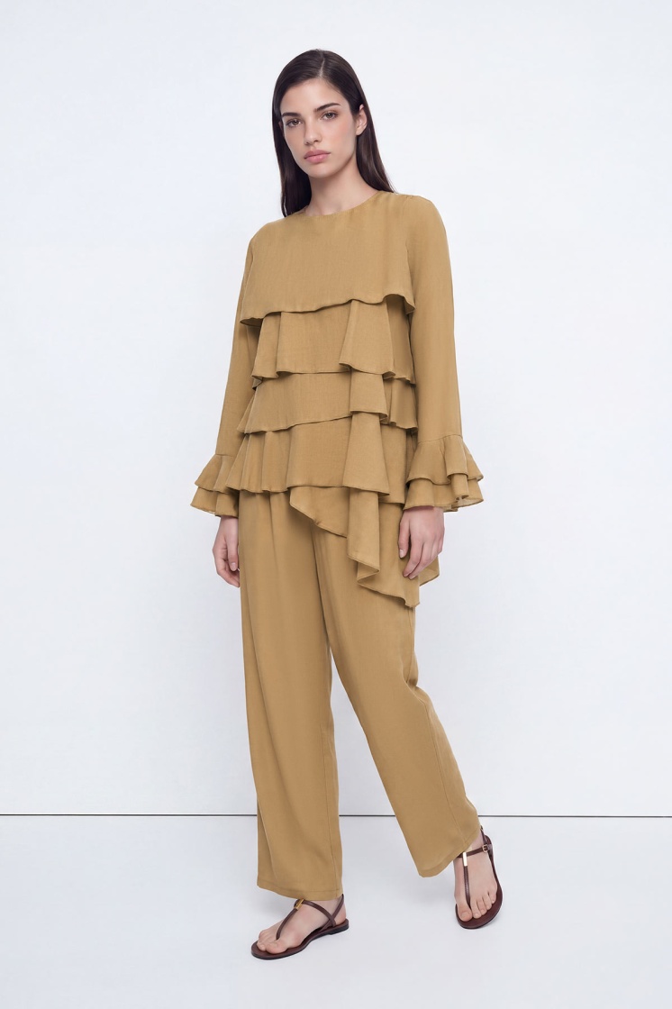 Volanlı Camel Bluz Pantolon Takım