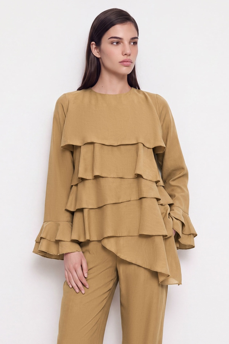 Volanlı Camel Bluz Pantolon Takım