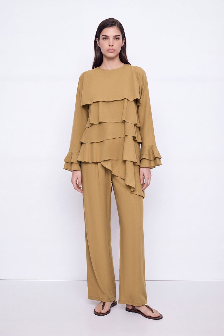 Volanlı Camel Bluz Pantolon Takım