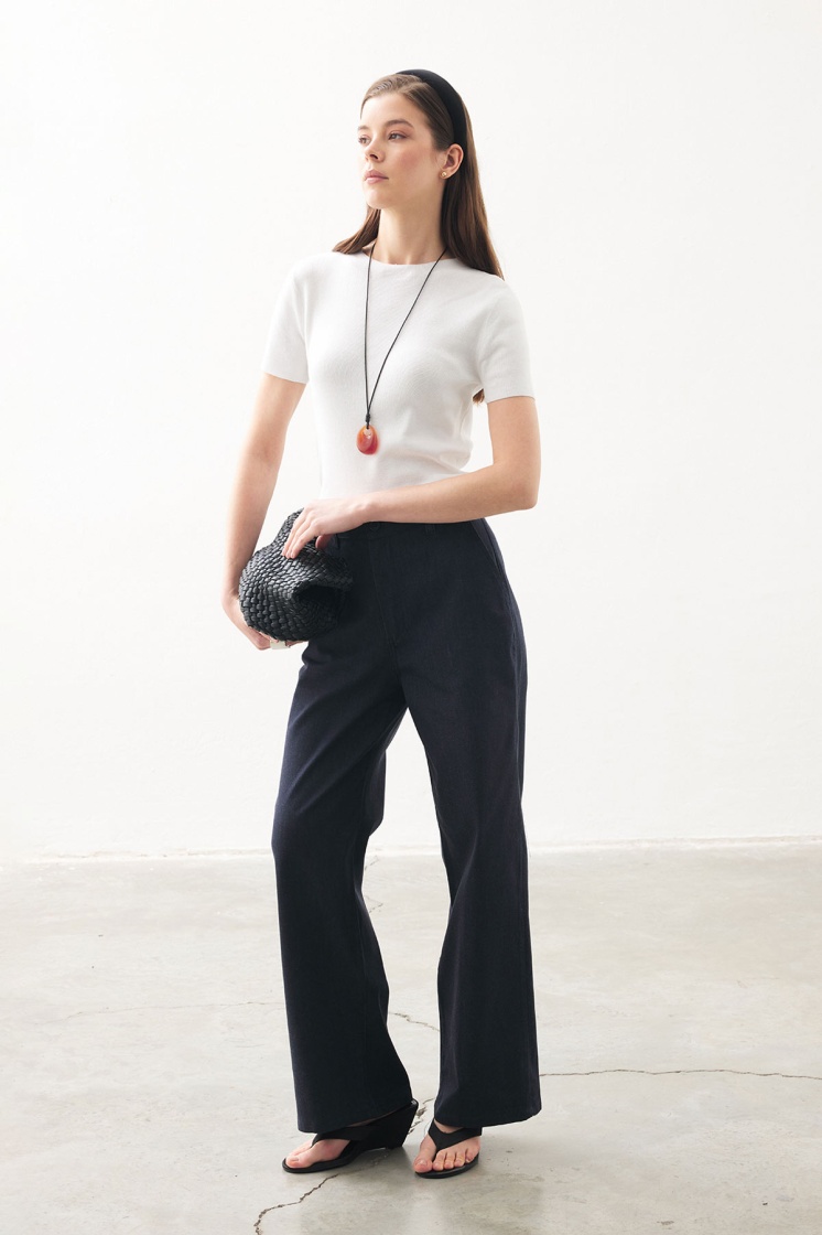 Yüksek Bel Minimal Denim Lacivert Pantolon - 5